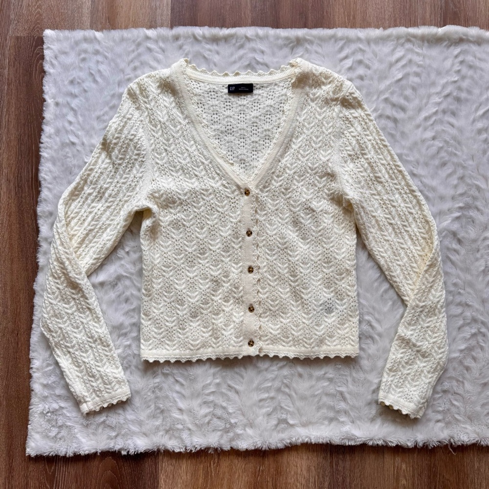 GAP CashSoft Pointelle Cardigan White Knit Coastal Grandma Size Small - Picture 3 of 7